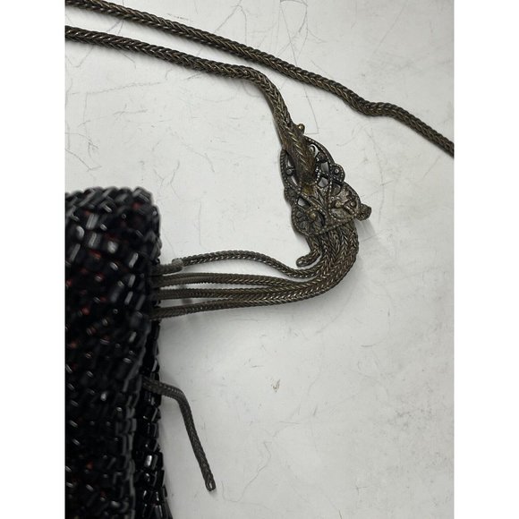 Antique Vintage 20th C.  Dark Black Red Beaded Flapper Art Deco Glass Purse Bag - Picture 15 of 16